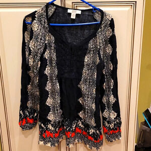 E40 VINTAGE AMERICA: WOMENS LONG SLEEVE NAVY BLUE/CREAM/RED BLOUSE SIZE MEDIUM